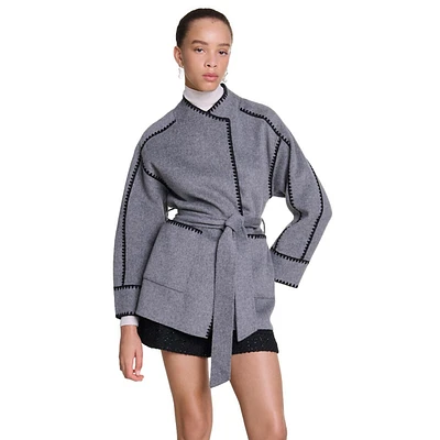 Gicolori Contrast-Stitch Wool-Blend Short Wrap Coat