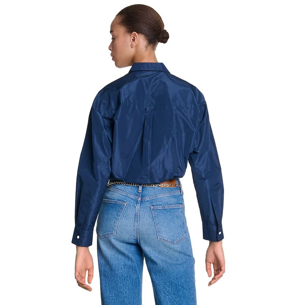 Ceta Diamente-Button Cropped Satin Shirt