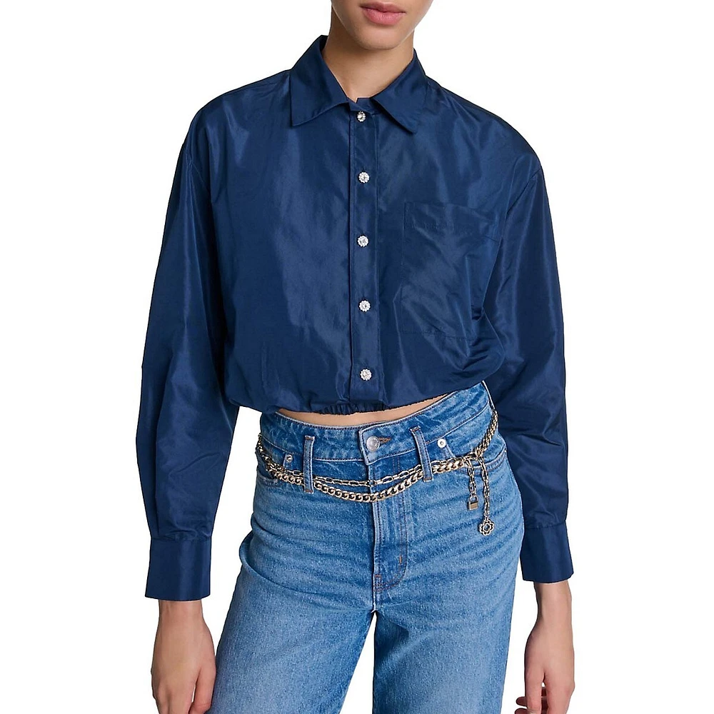 Ceta Diamente-Button Cropped Satin Shirt