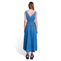 Runim Shirred Chambray V-Neck Maxi Dress