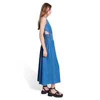 Runim Shirred Chambray V-Neck Maxi Dress