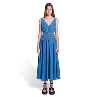 Runim Shirred Chambray V-Neck Maxi Dress