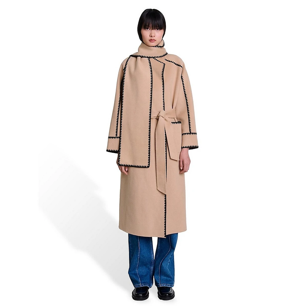 Scarf-Neck Wool-Blend Coat