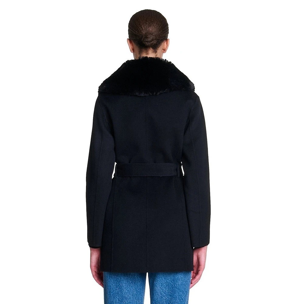 Galaxyon Faux Fur-Collar Belted Wrap Coat