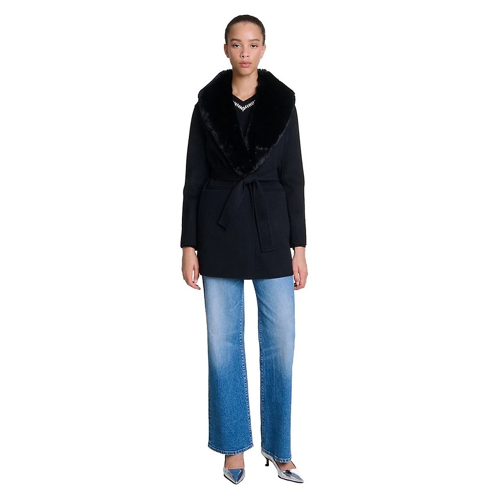 Galaxyon Faux Fur-Collar Belted Wrap Coat