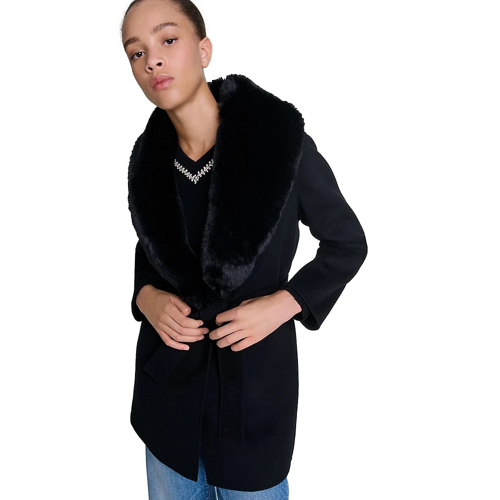 Galaxyon Faux Fur-Collar Belted Wrap Coat