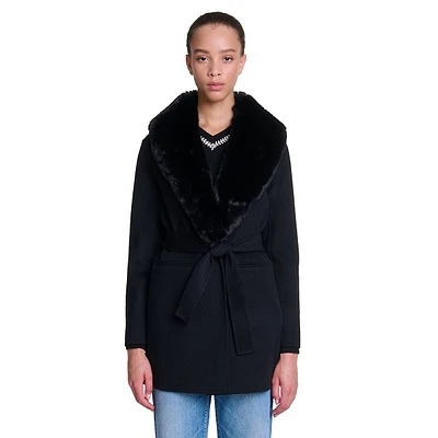 Galaxyon Faux Fur-Collar Belted Wrap Coat