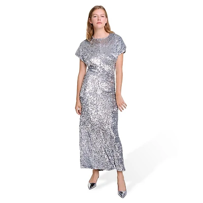 Rivka Metallic Sequin Short-Sleeve Fitted Maxi Dress