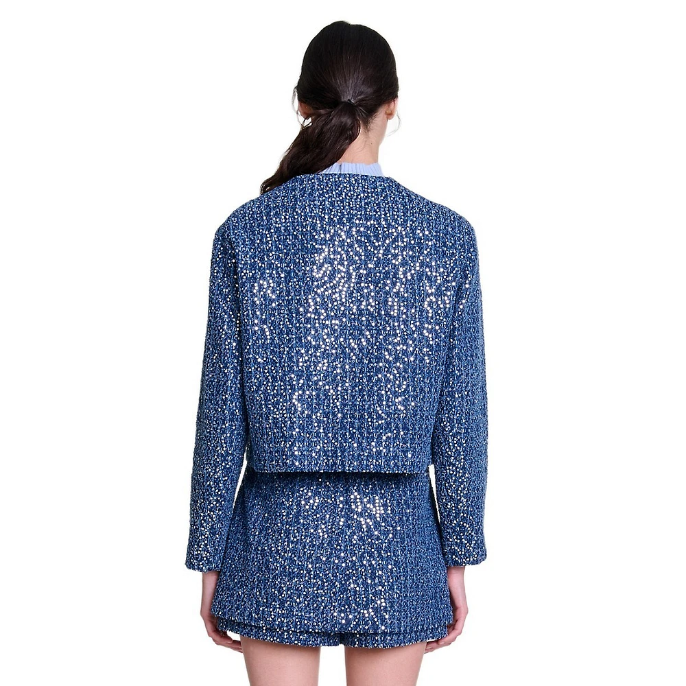 Vatonia Sequin-Tweed Roundneck Short Jacket