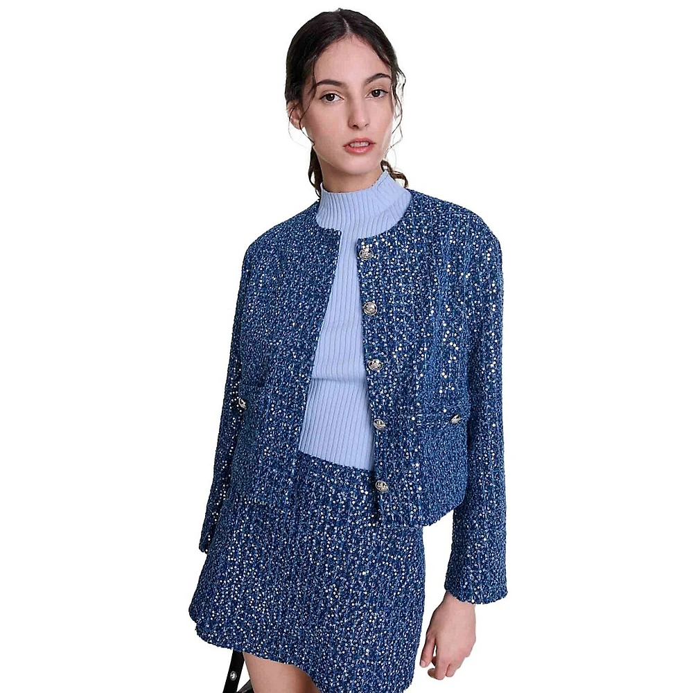 Vatonia Sequin-Tweed Roundneck Short Jacket