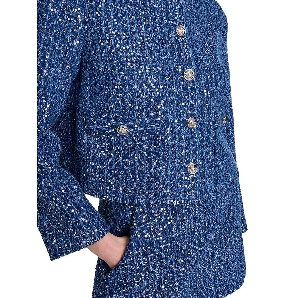 Vatonia Sequin-Tweed Roundneck Short Jacket