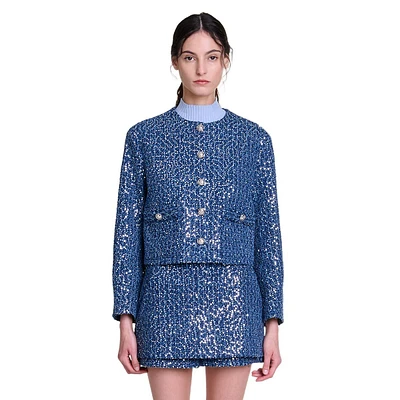 Vatonia Sequin-Tweed Roundneck Short Jacket