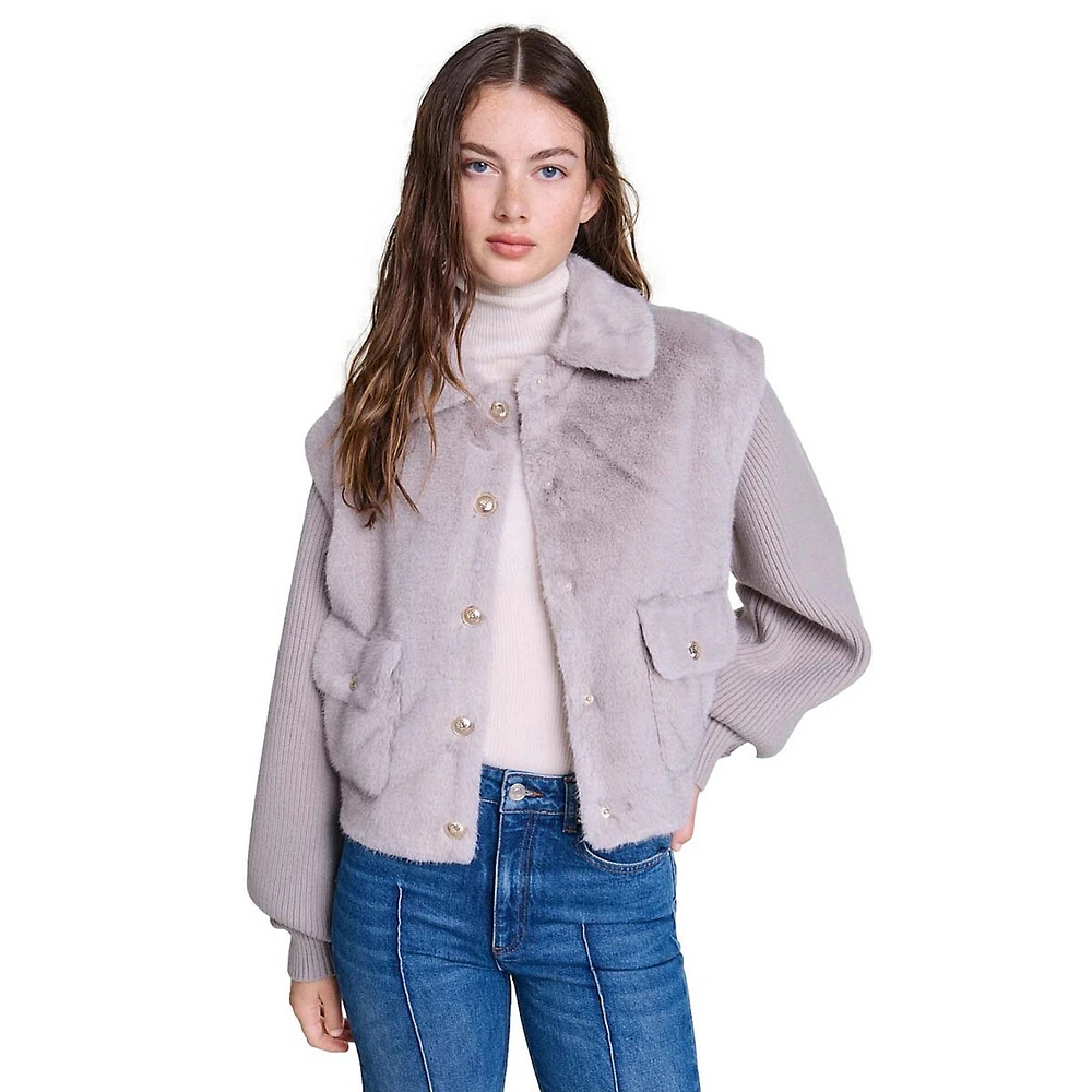 Bibi Ribbed Knit-Sleeve Faux Fur Jacket