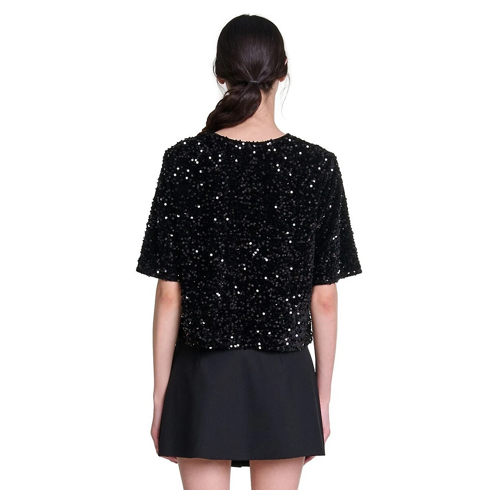 Lequinou Short-Sleeve Sequined Velvet Top