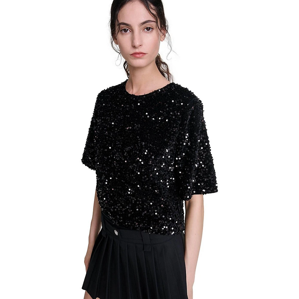 Lequinou Short-Sleeve Sequined Velvet Top