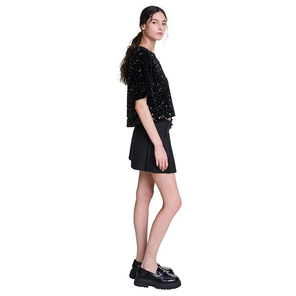 Lequinou Short-Sleeve Sequined Velvet Top