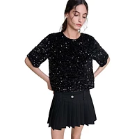 Lequinou Short-Sleeve Sequined Velvet Top