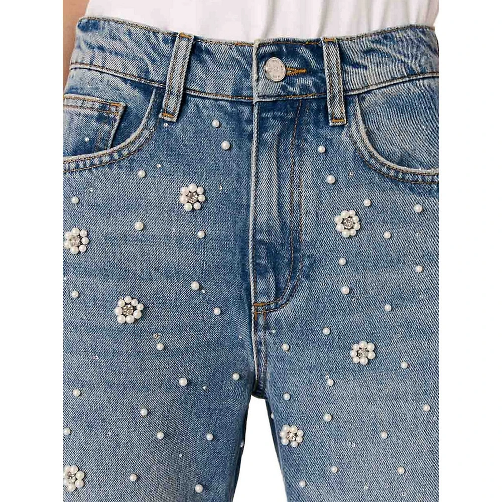 Perla Floral-Bead Loose-Fit Wide-Leg Jeans