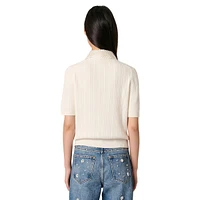 Minia Embellished-Collar Cable-Knit Polo Sweater