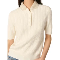 Minia Embellished-Collar Cable-Knit Polo Sweater