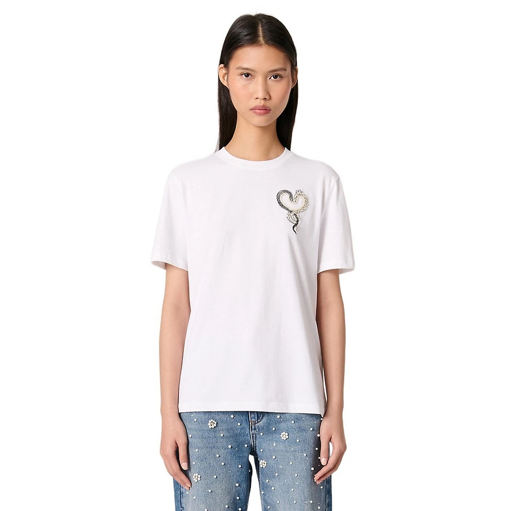 Tiserpent Embellished Intertwined Snakes Heart T-Shirt