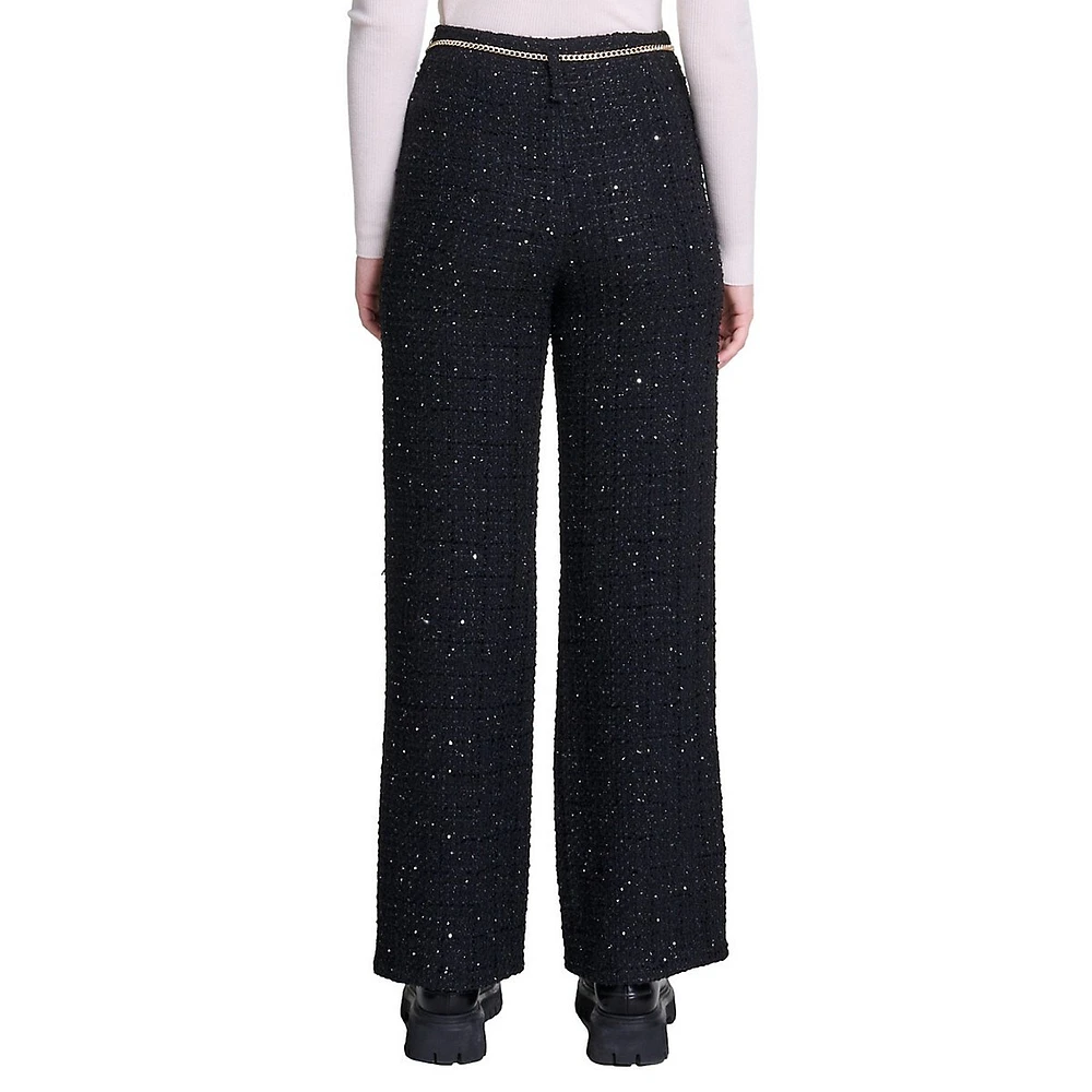 Pizeldaly Sequined-Tweed Chain-Belt Pants