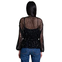 Levinou Sequined Sheer V-Neck Peplum Top