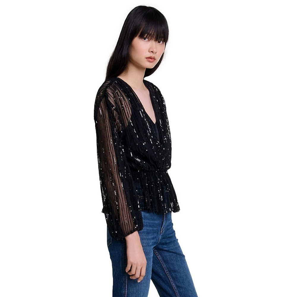 Levinou Sequined Sheer V-Neck Peplum Top