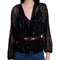 Levinou Sequined Sheer V-Neck Peplum Top