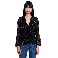 Levinou Sequined Sheer V-Neck Peplum Top