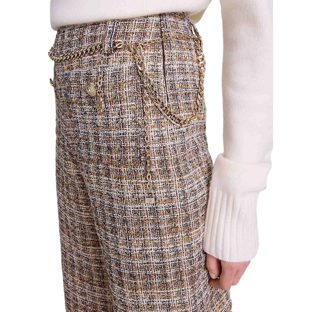 Pilloji Chain-Belt Iridescent Tweed Pants