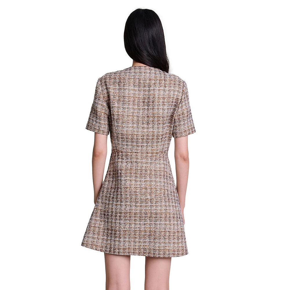 Riuji Tweed V-Neck Pleated-Skirt Mini Dress