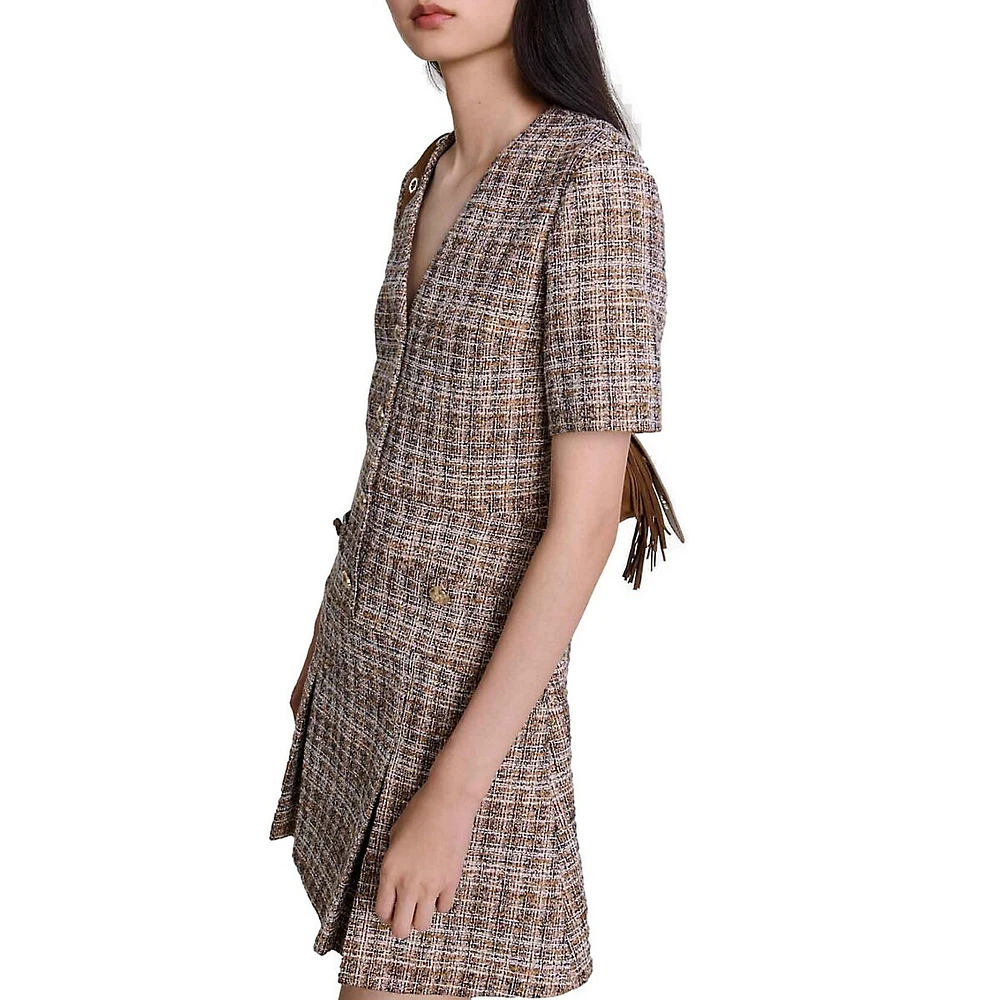 Riuji Tweed V-Neck Pleated-Skirt Mini Dress