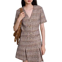 Riuji Tweed V-Neck Pleated-Skirt Mini Dress