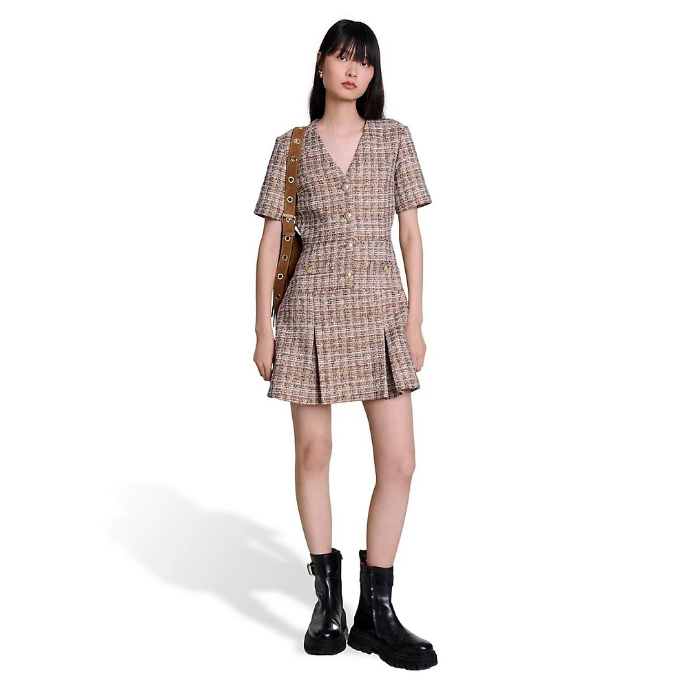 Riuji Tweed V-Neck Pleated-Skirt Mini Dress