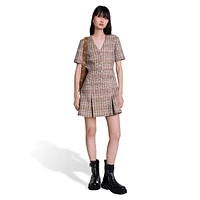 Riuji Tweed V-Neck Pleated-Skirt Mini Dress