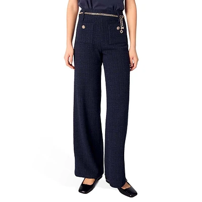 Pantalon large en tweed pailleté avec ceinture à chaîne Pilloline