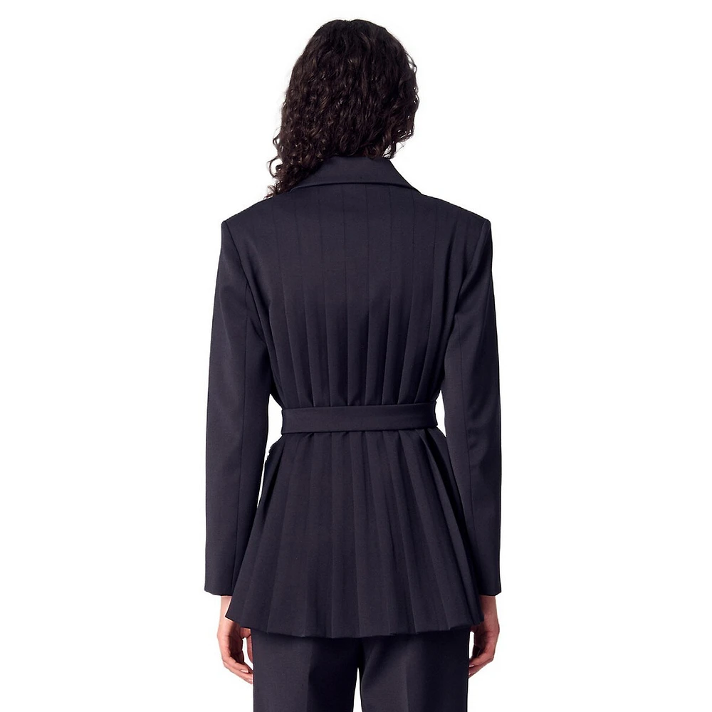 Villeplisse Wool-Blend Pleated-Back Belted Blazer