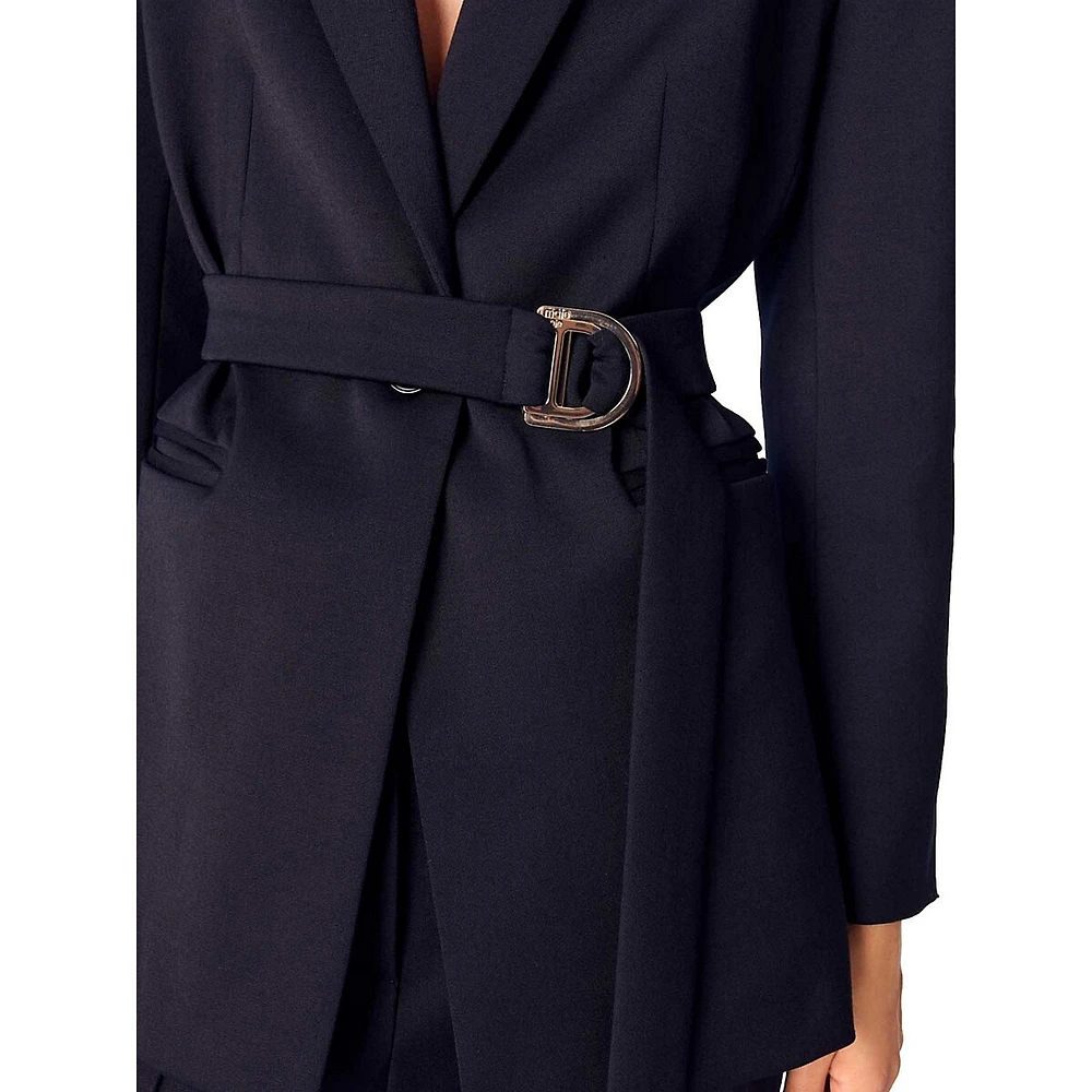 Villeplisse Wool-Blend Pleated-Back Belted Blazer