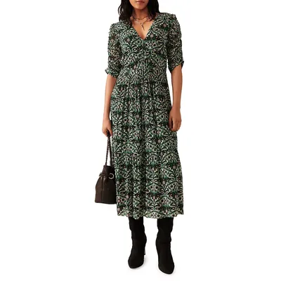 Fine Ruched-Sleeve Printed Midi Dress
