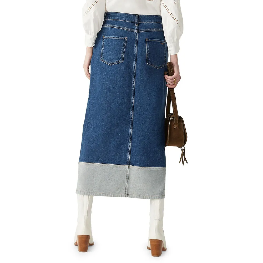 Vicky Contrast-Hem Denim Midi Skirt