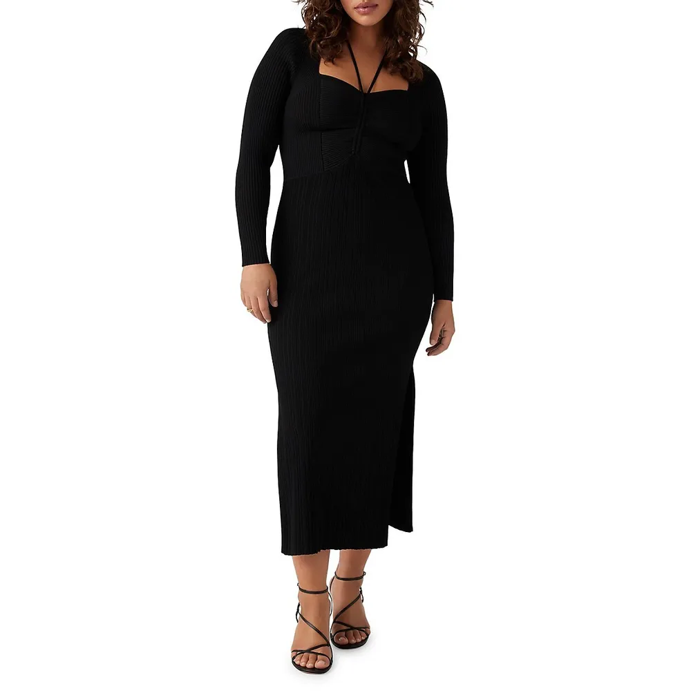 Black Long Sleeve Bodycon Knitted Midi Dress