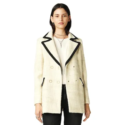 Fiara Contrast-Trim Double-Breasted Tweed Coat