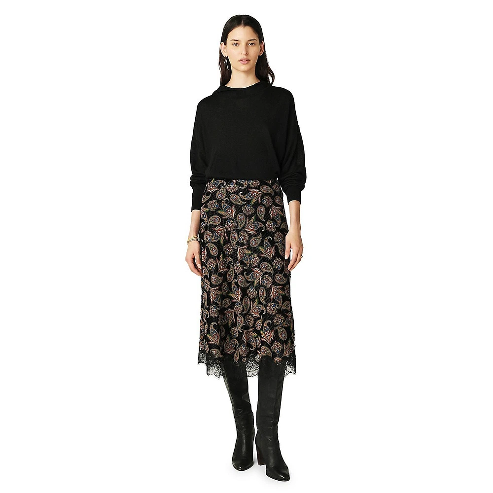 Rita Lace-Trim Paisley Midi Skirt