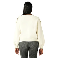 Mateo Button-Shoulder Puff-Sleeve Sweater