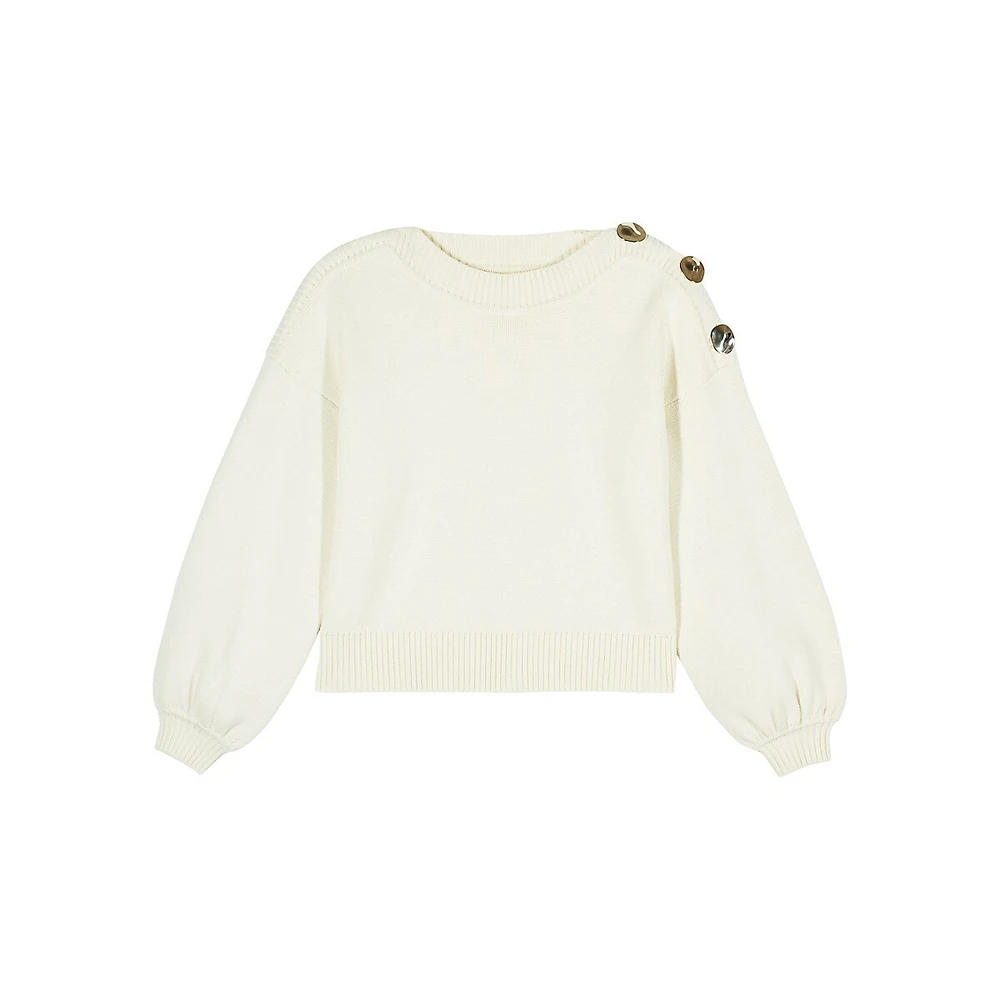 Mateo Button-Shoulder Puff-Sleeve Sweater