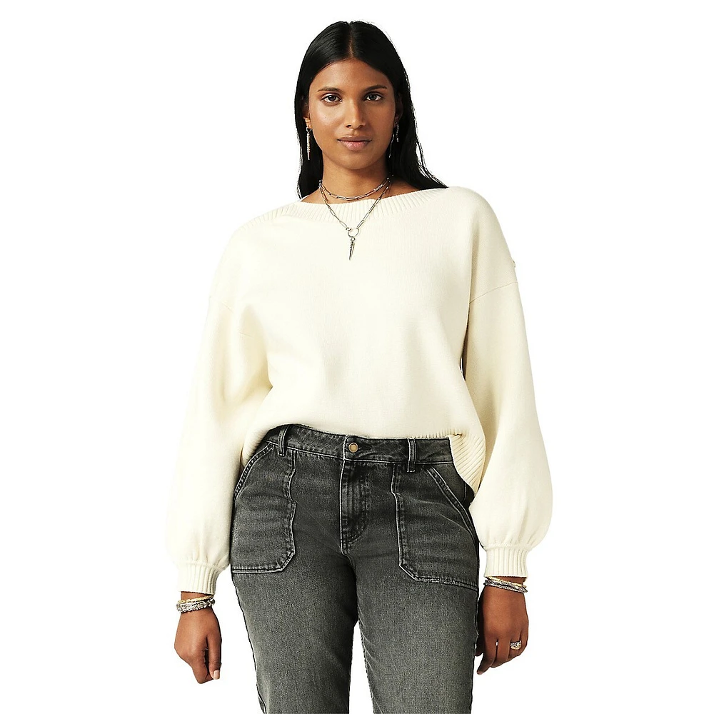 Mateo Button-Shoulder Puff-Sleeve Sweater