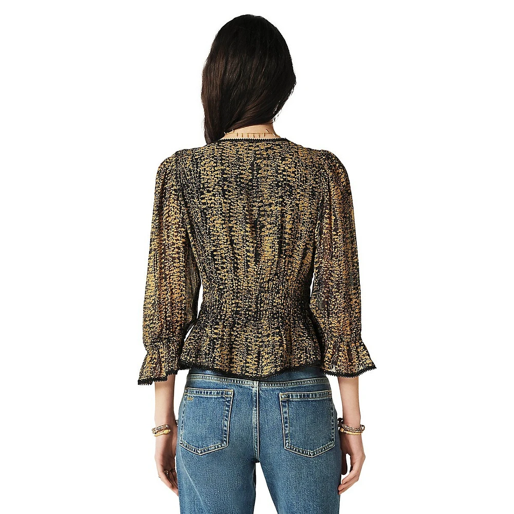 Chili Printed Empire-Sleeve Peplum Blouse