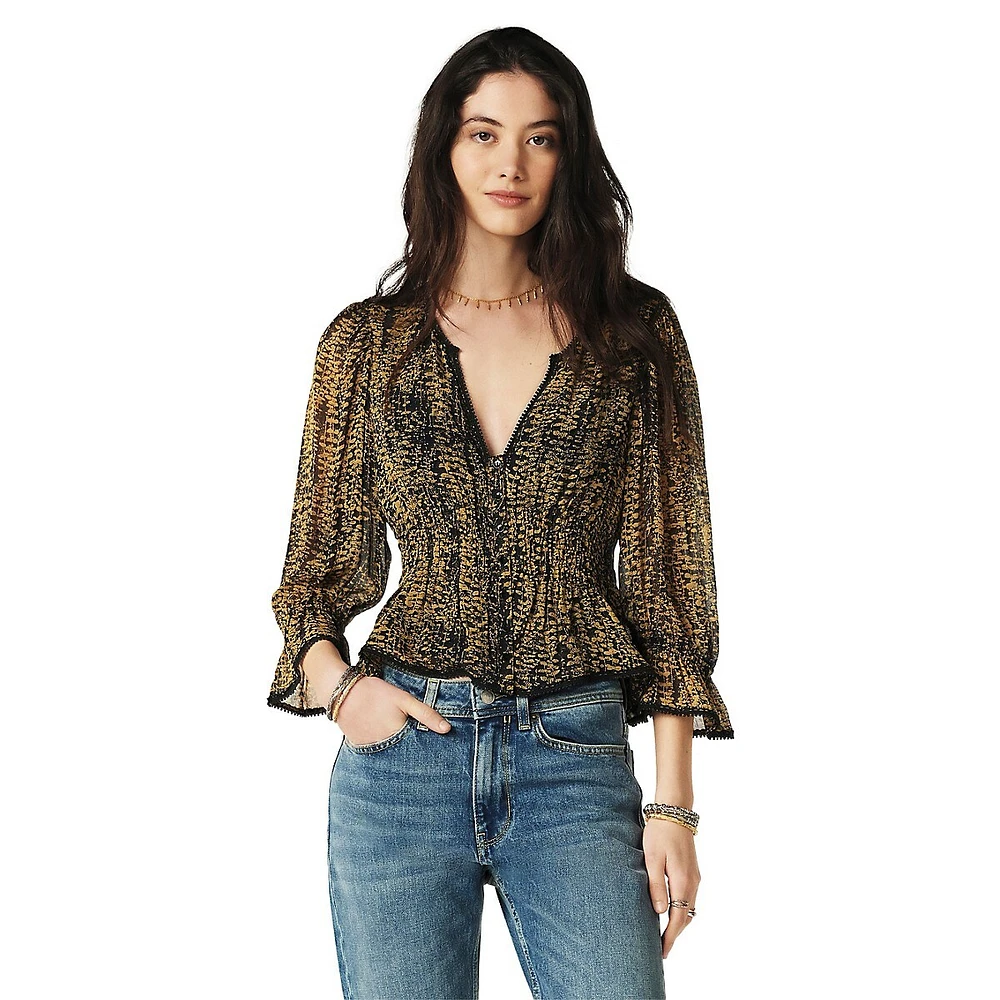 Chili Printed Empire-Sleeve Peplum Blouse