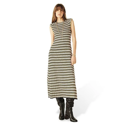 Essie Padded Shoulder Striped Knit Midi Dress